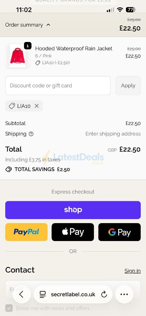 Screenshot of the Secret Label discount code working