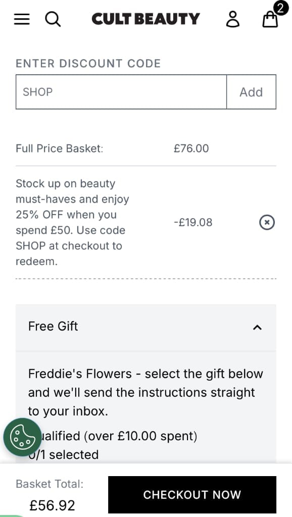 Screenshot of the Cult Beauty discount code working