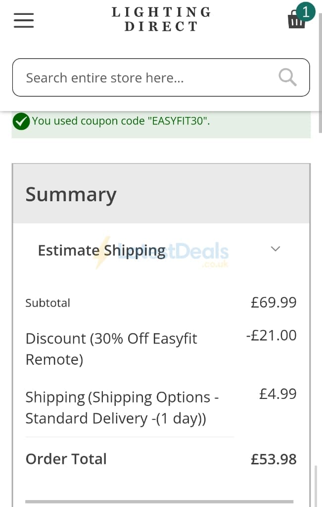Screenshot of the Lighting Direct discount code working