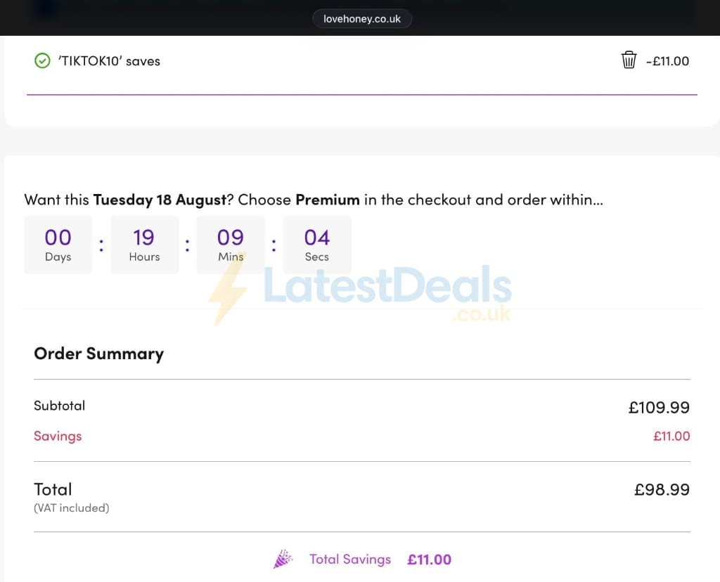 Screenshot of the Lovehoney discount code working