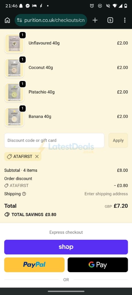 Screenshot of the Purition discount code working