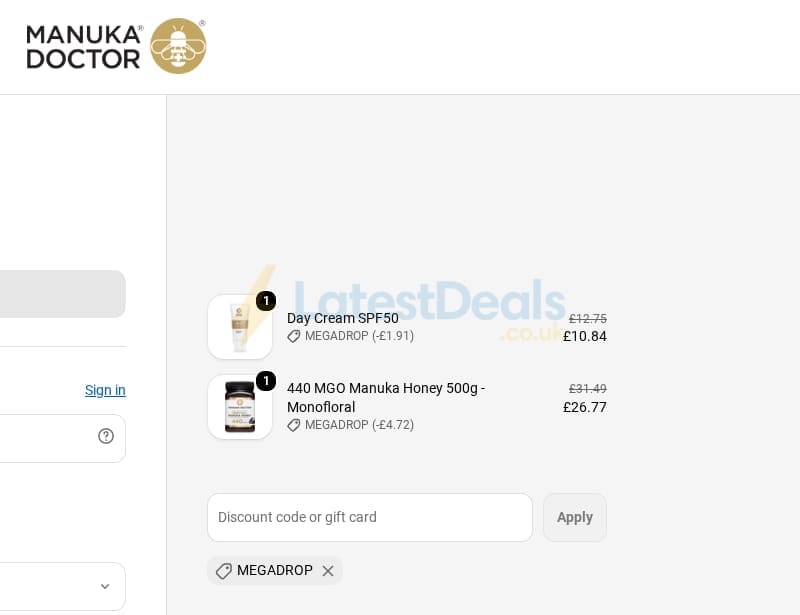 Screenshot of the Manuka Doctor discount code working