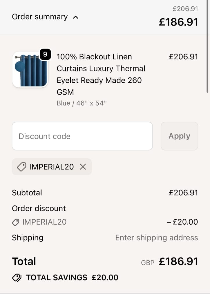 Screenshot of the Imperial Rooms discount code working