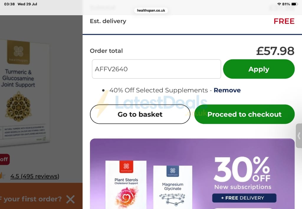 Screenshot of the Healthspan discount code working
