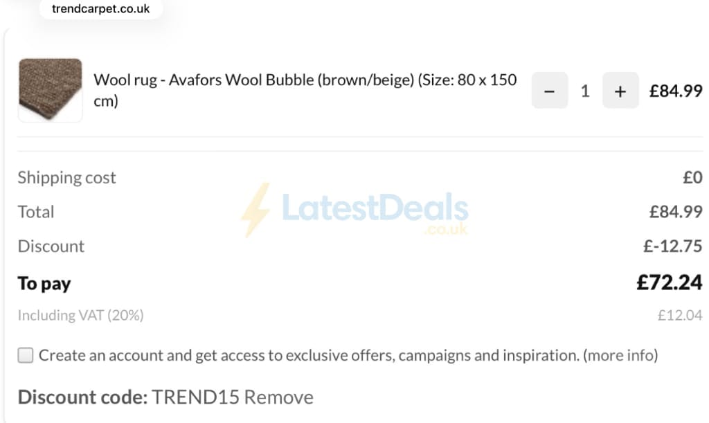 Screenshot of the Trendcarpet discount code working