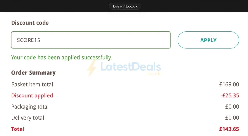 Screenshot of the Buyagift discount code working