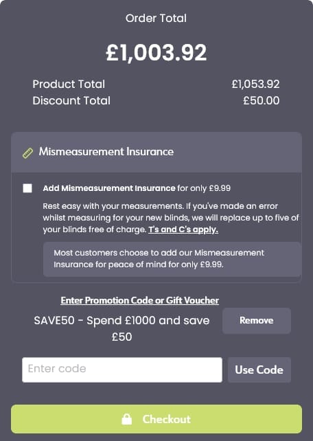 Screenshot of the Order Blinds discount code working