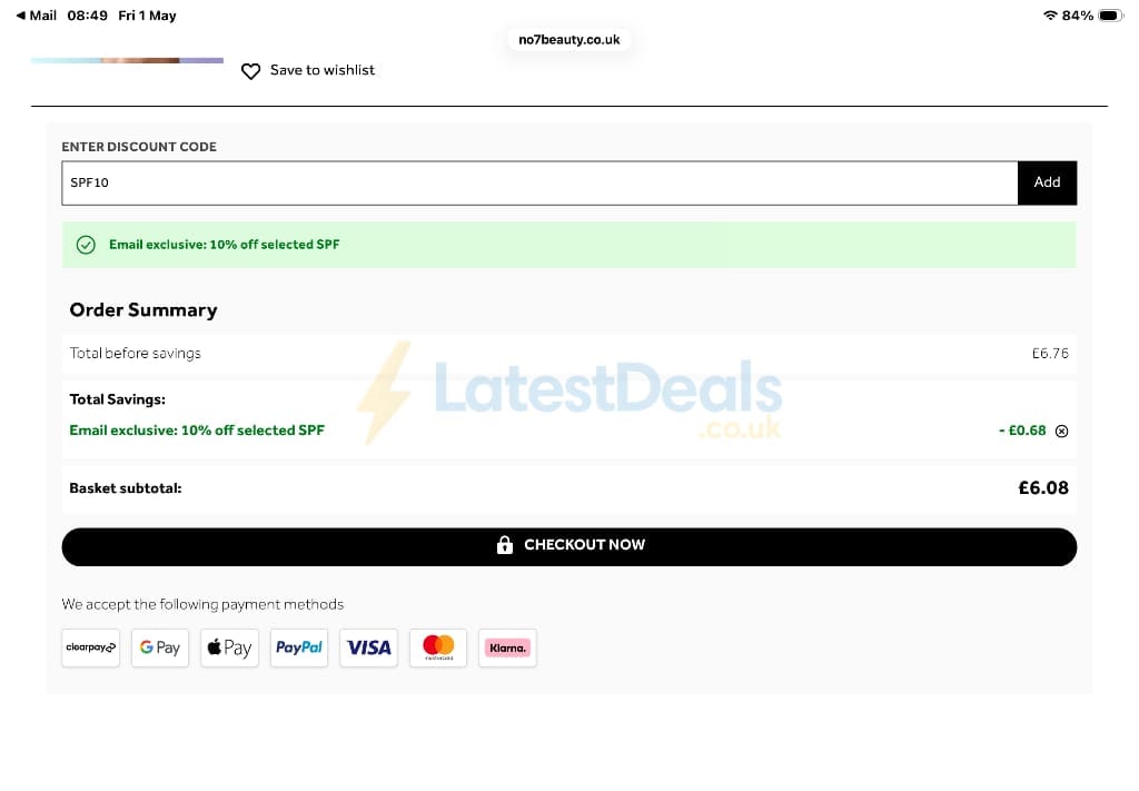 Screenshot of the No7 Beauty discount code working