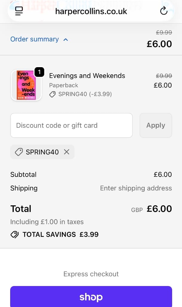 Screenshot of the Harper Collins discount code working
