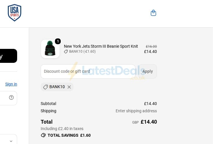 Screenshot of the USA Sports discount code working