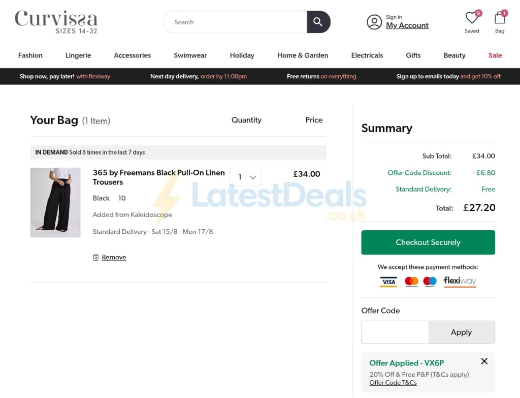 Screenshot of the Curvissa discount code working