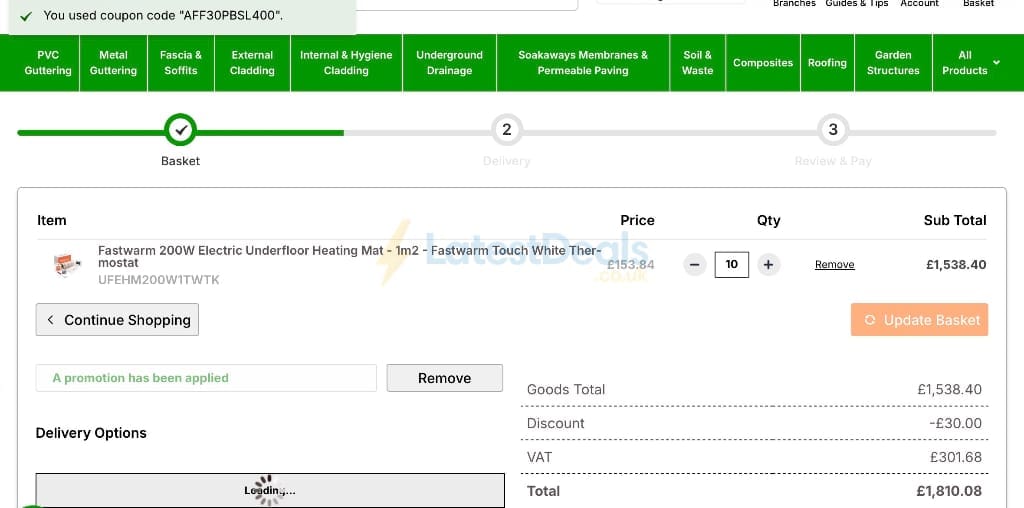 Screenshot of the Professional Building Supplies discount code working