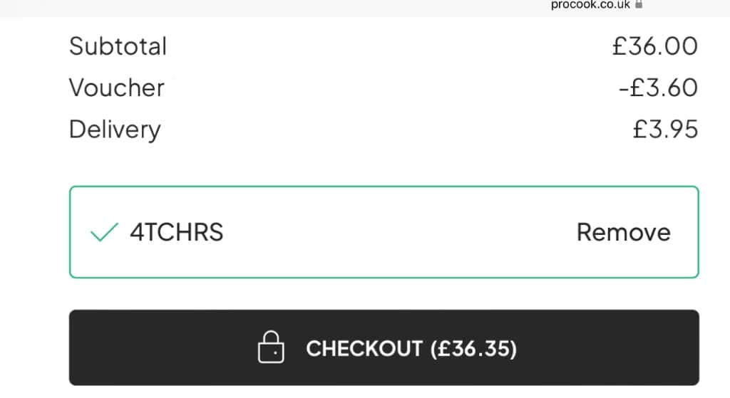 Screenshot of the ProCook discount code working
