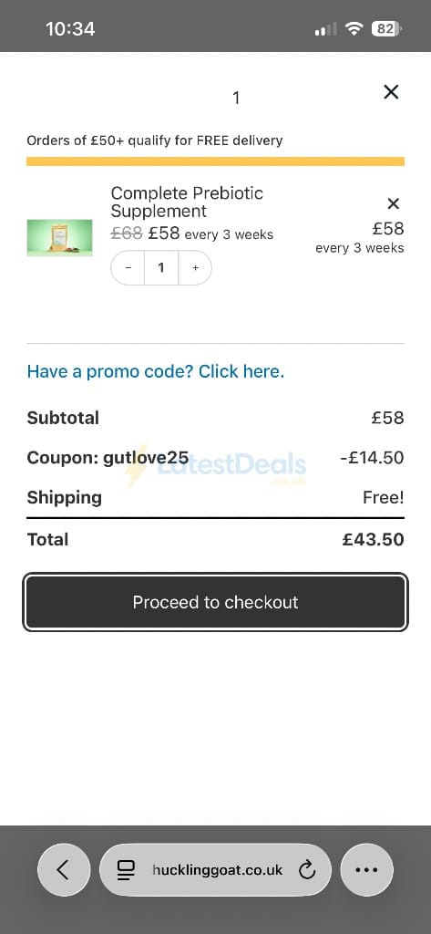 Screenshot of the Chuckling Goat discount code working
