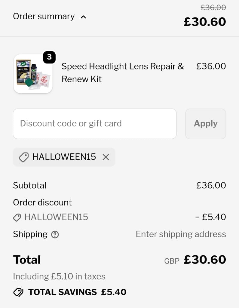 Screenshot of the Turtlewax discount code working