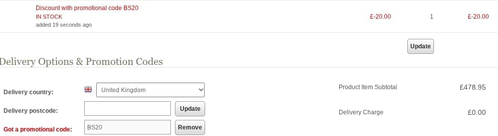 Screenshot of the Uttings discount code working