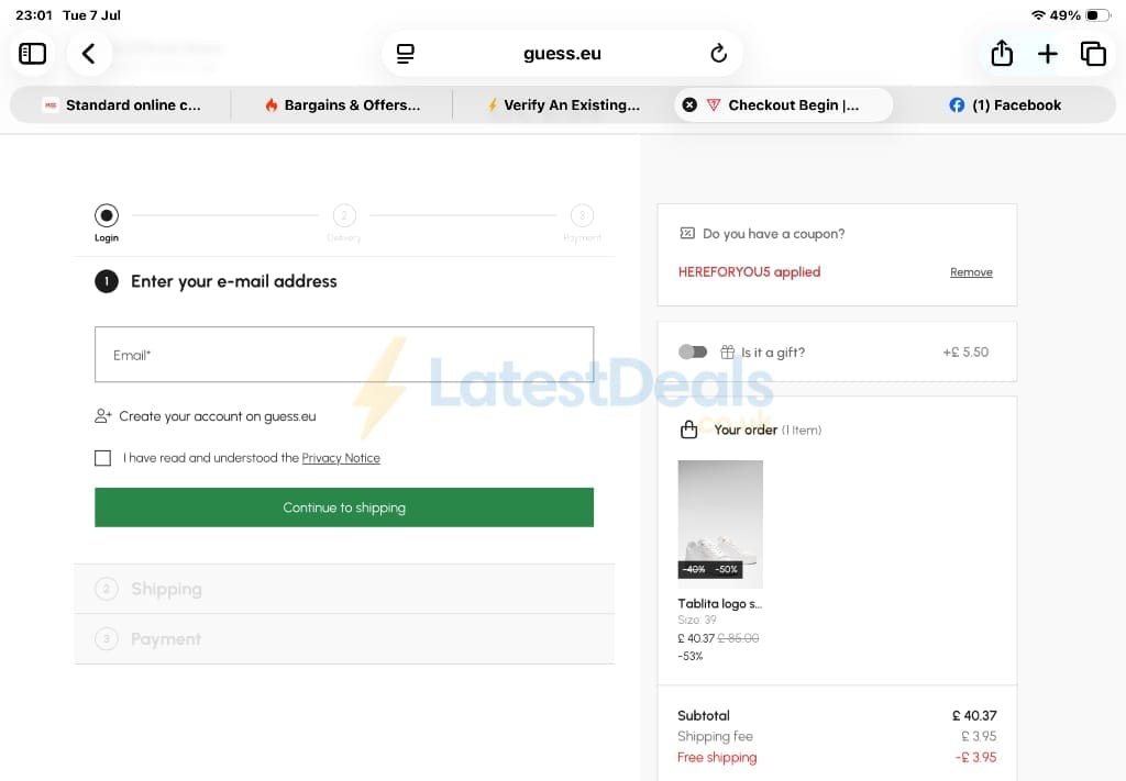 Screenshot of the GUESS discount code working