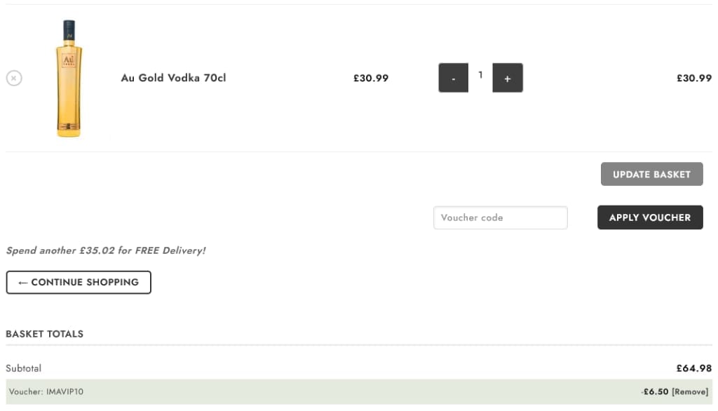 Screenshot of the VIP Bottles discount code working