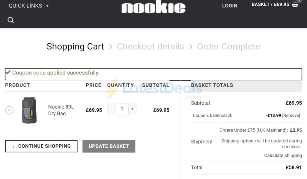 Screenshot of the Nookie discount code working