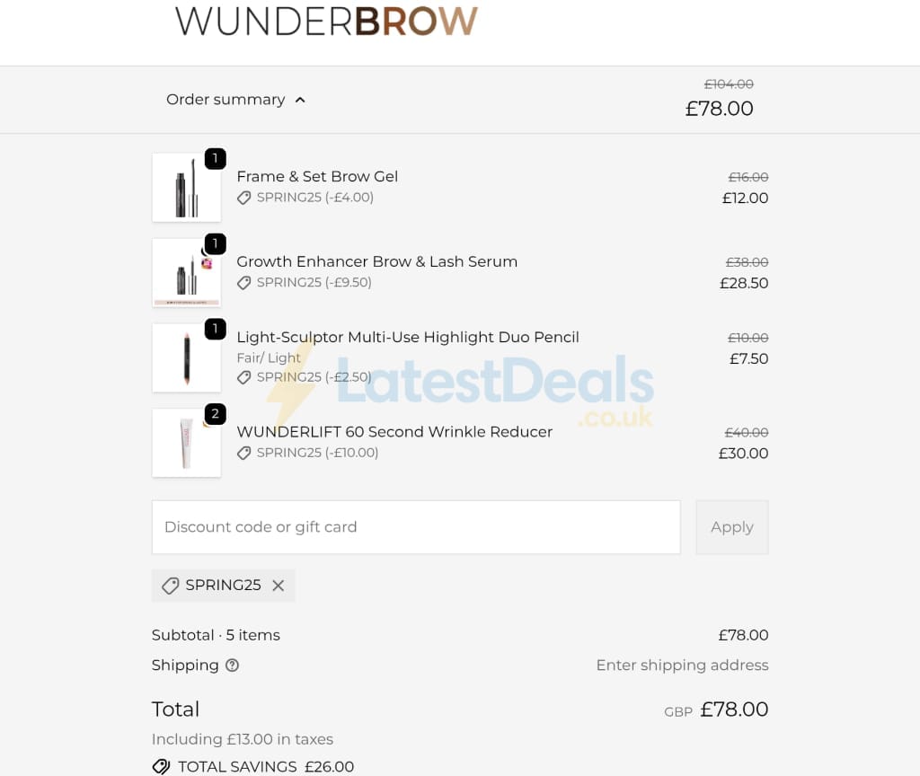 Screenshot of the Wunderbrow discount code working