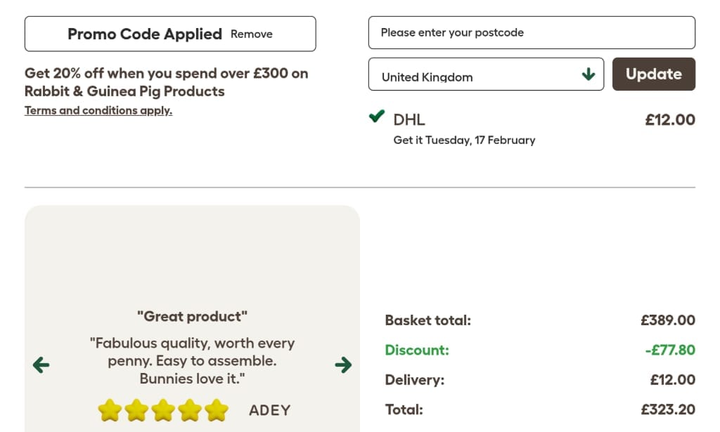 Screenshot of the Omlet discount code working