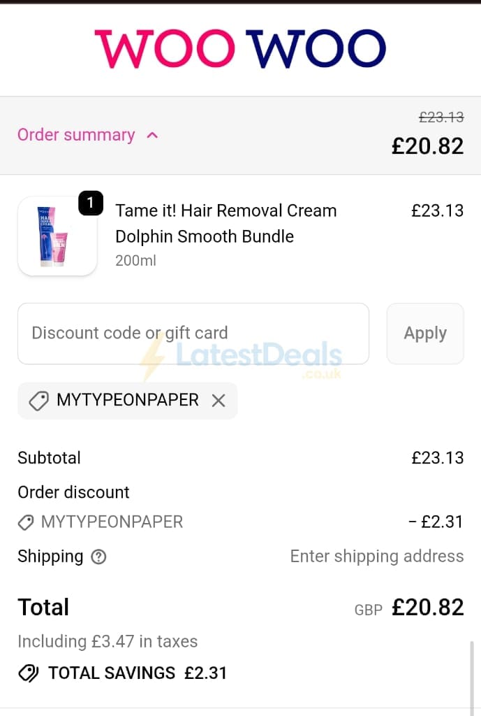 Screenshot of the WooWoo discount code working