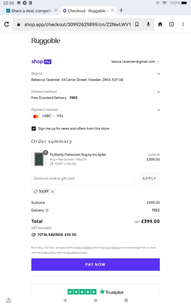 Screenshot of the Ruggable discount code working