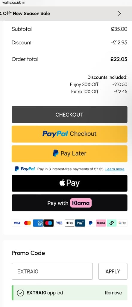 Screenshot of the Wallis discount code working