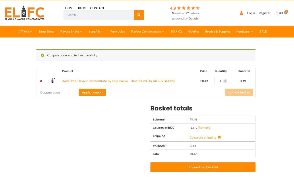 Screenshot of the Eliquid Flavour Concentrates discount code working