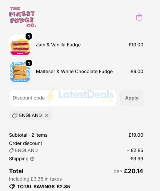 Screenshot of the The Finest Fudge Co. discount code working