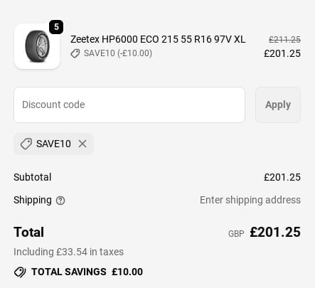 Screenshot of the Tire Streets discount code working