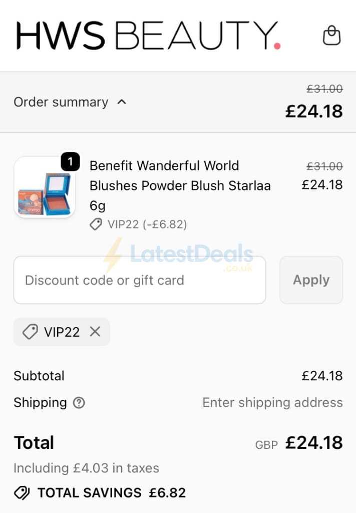 Screenshot of the HWS Beauty discount code working