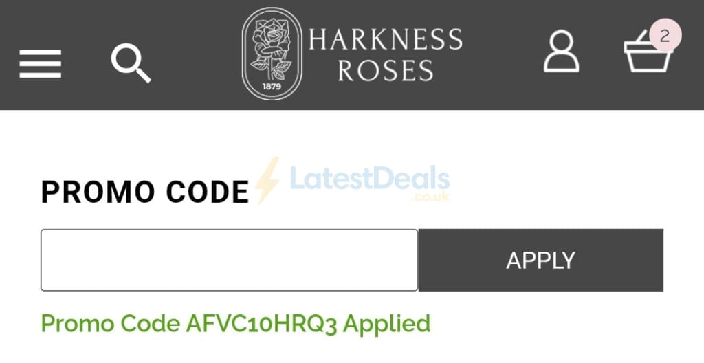Screenshot of the Harkness Roses discount code working
