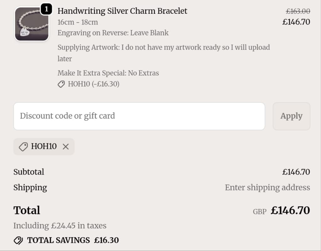 Screenshot of the Hand On Heart Jewellery discount code working