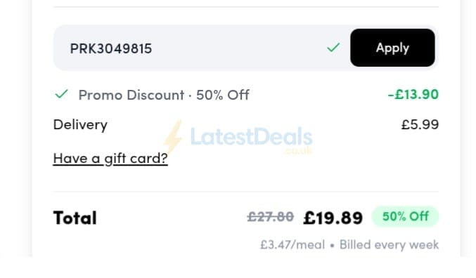 Screenshot of the Prep Kitchen discount code working