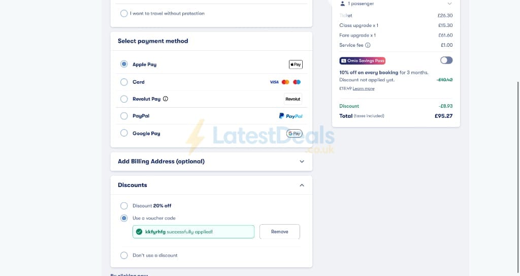 Screenshot of the Omio discount code working