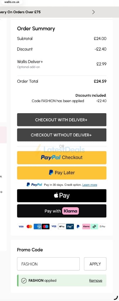 Screenshot of the Wallis discount code working