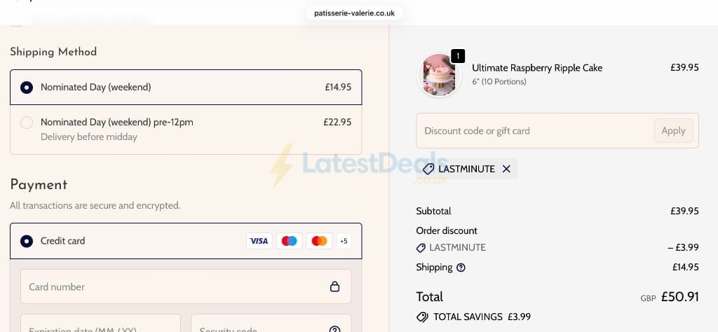 Screenshot of the Patisserie Valerie discount code working