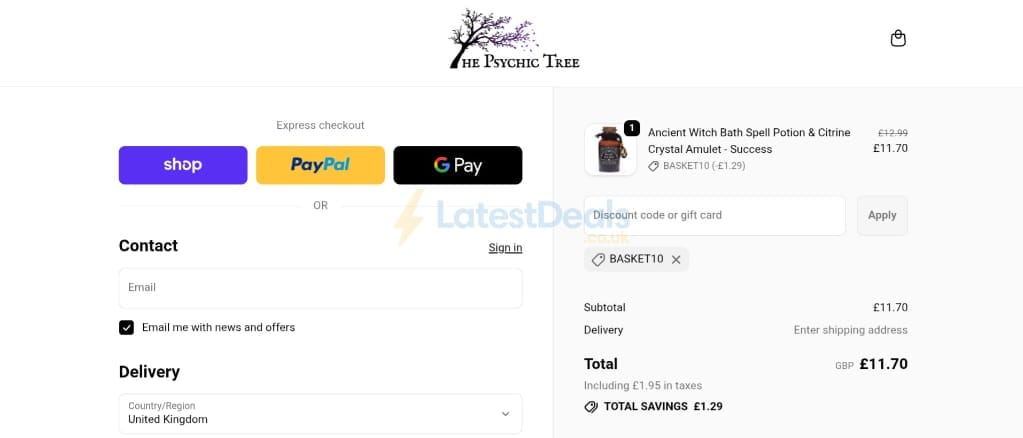 Screenshot of the The Psychic Tree discount code working