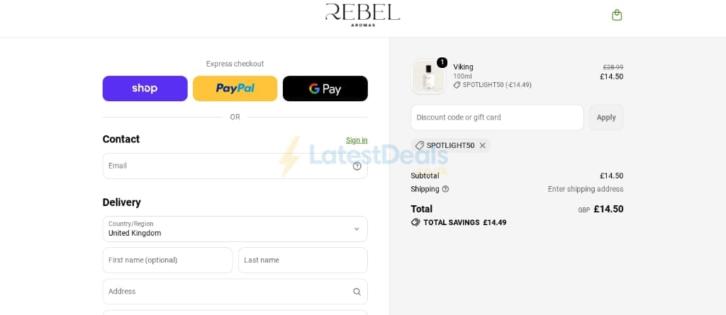 Screenshot of the Rebel Aromas discount code working