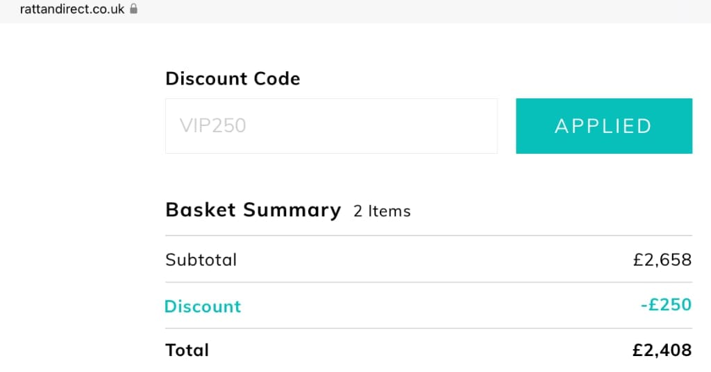 Screenshot of the Rattan Direct discount code working