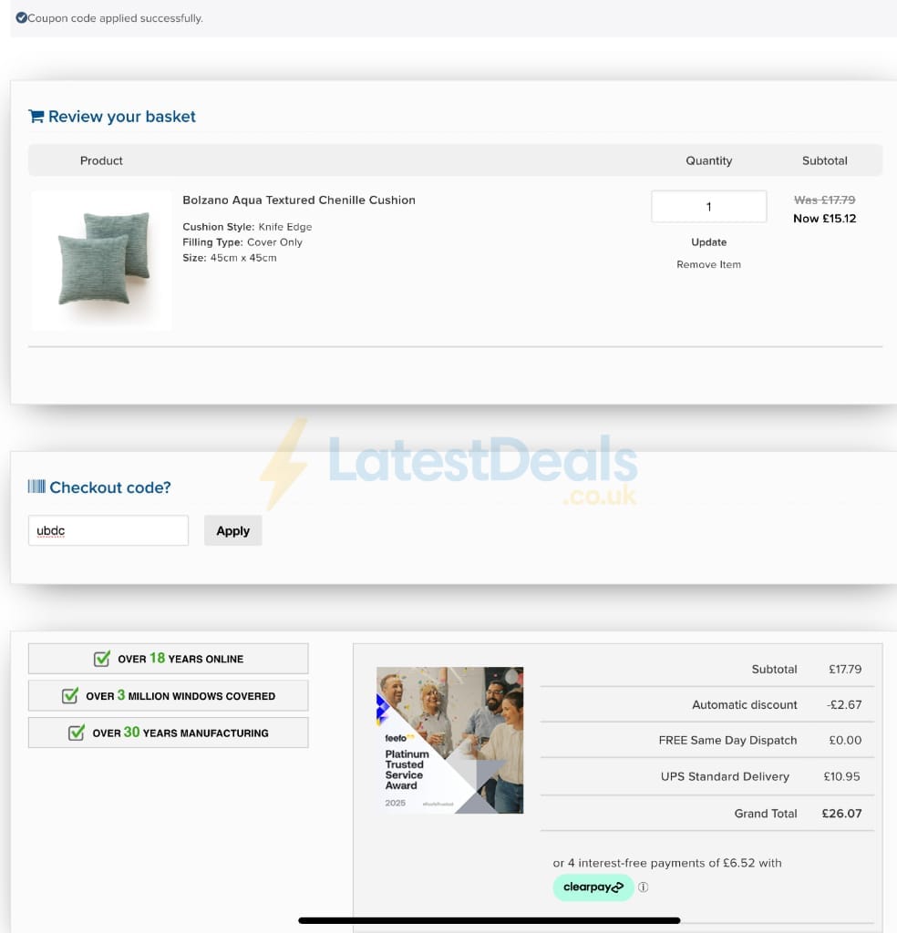 Screenshot of the Unbeatable Blinds discount code working