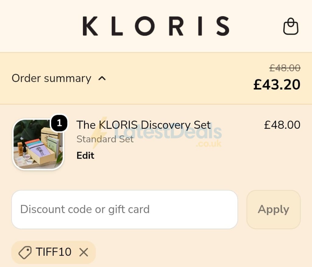 Screenshot of the Kloris discount code working