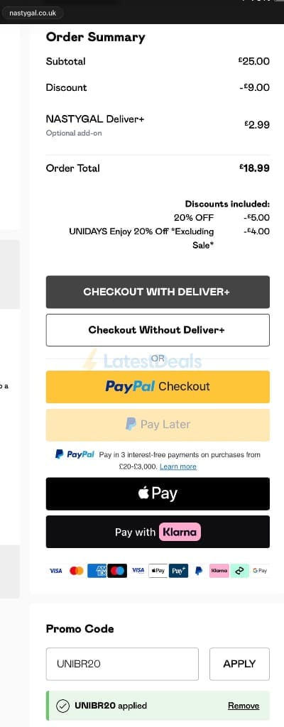 Screenshot of the Nasty Gal discount code working