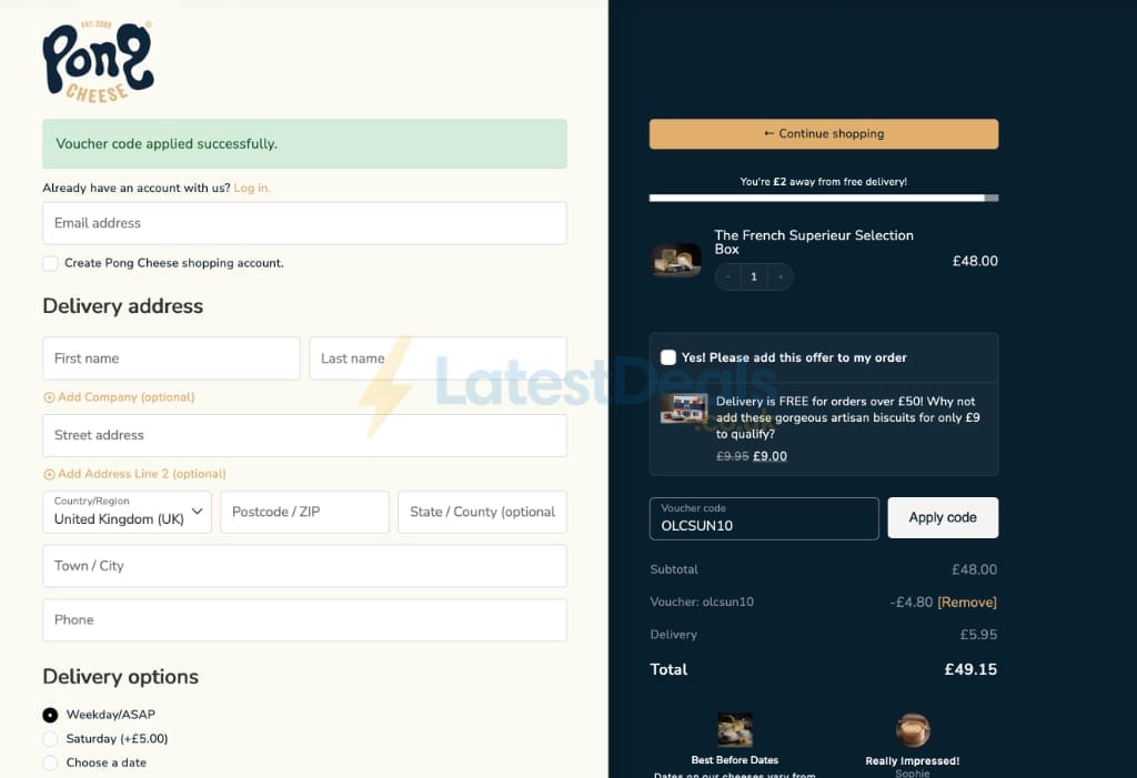 Screenshot of the Pong Cheese discount code working