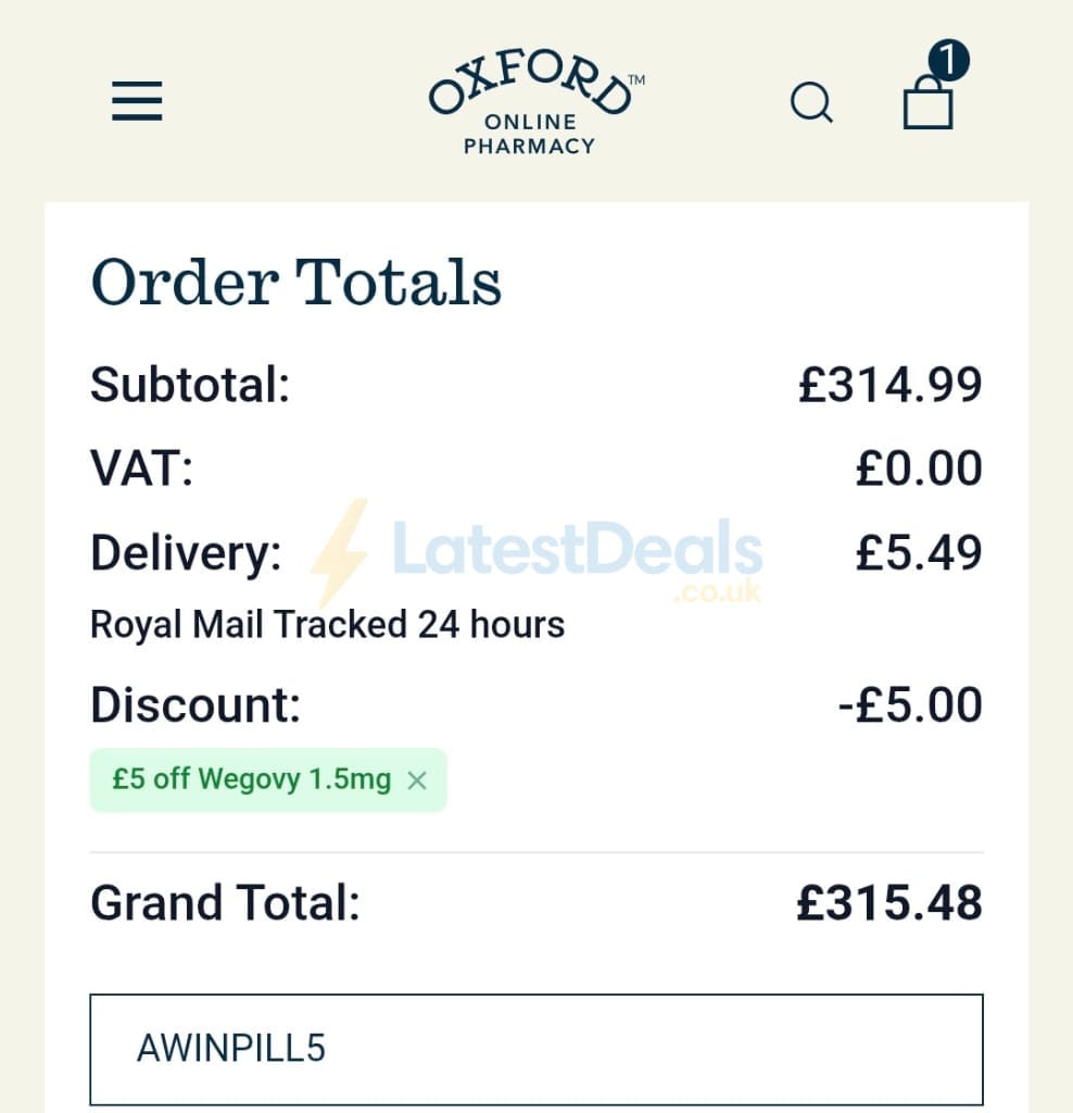 Screenshot of the Oxford Online Pharmacy discount code working