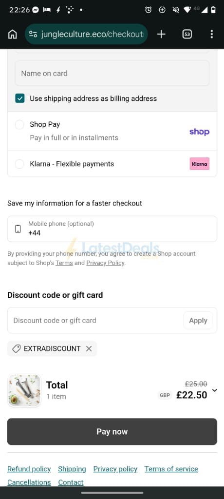 Screenshot of the Jungle Culture discount code working