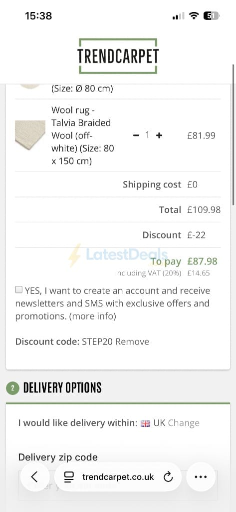 Screenshot of the Trendcarpet discount code working