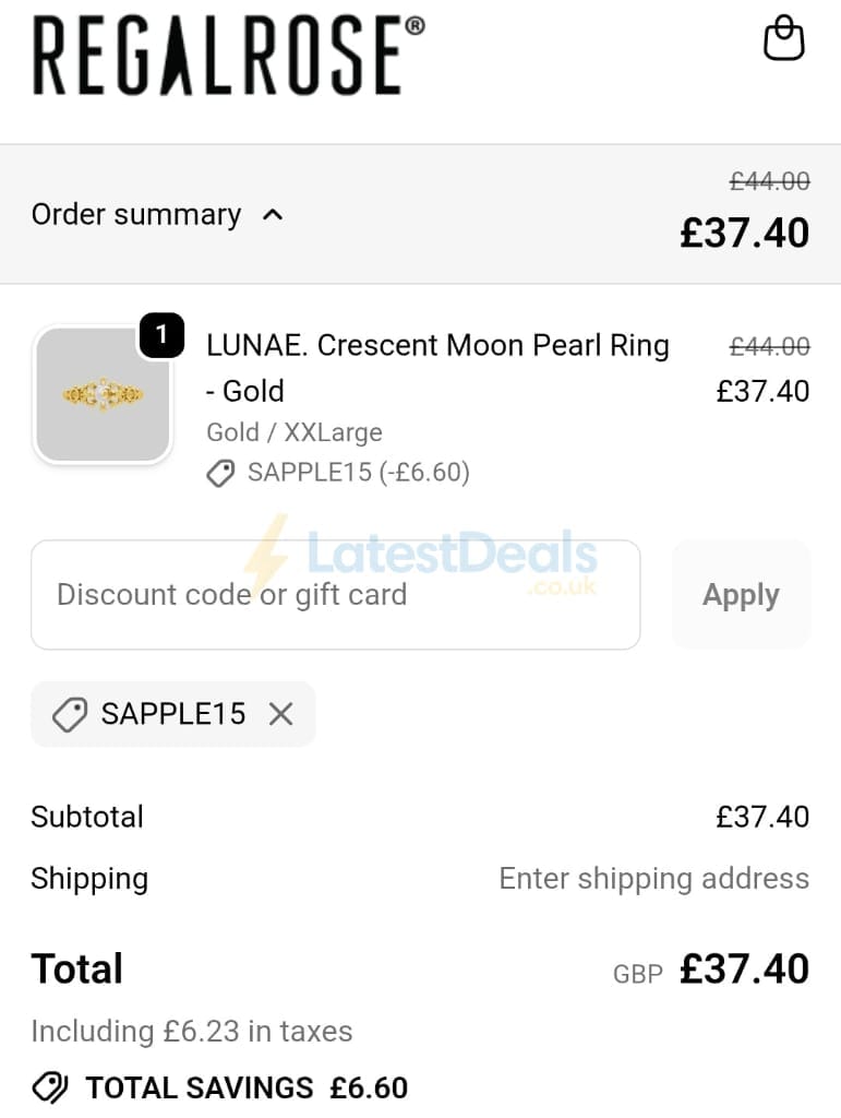 Screenshot of the REGALROSE discount code working