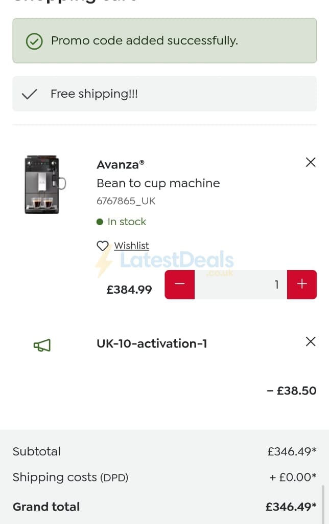 Screenshot of the Melitta UK discount code working